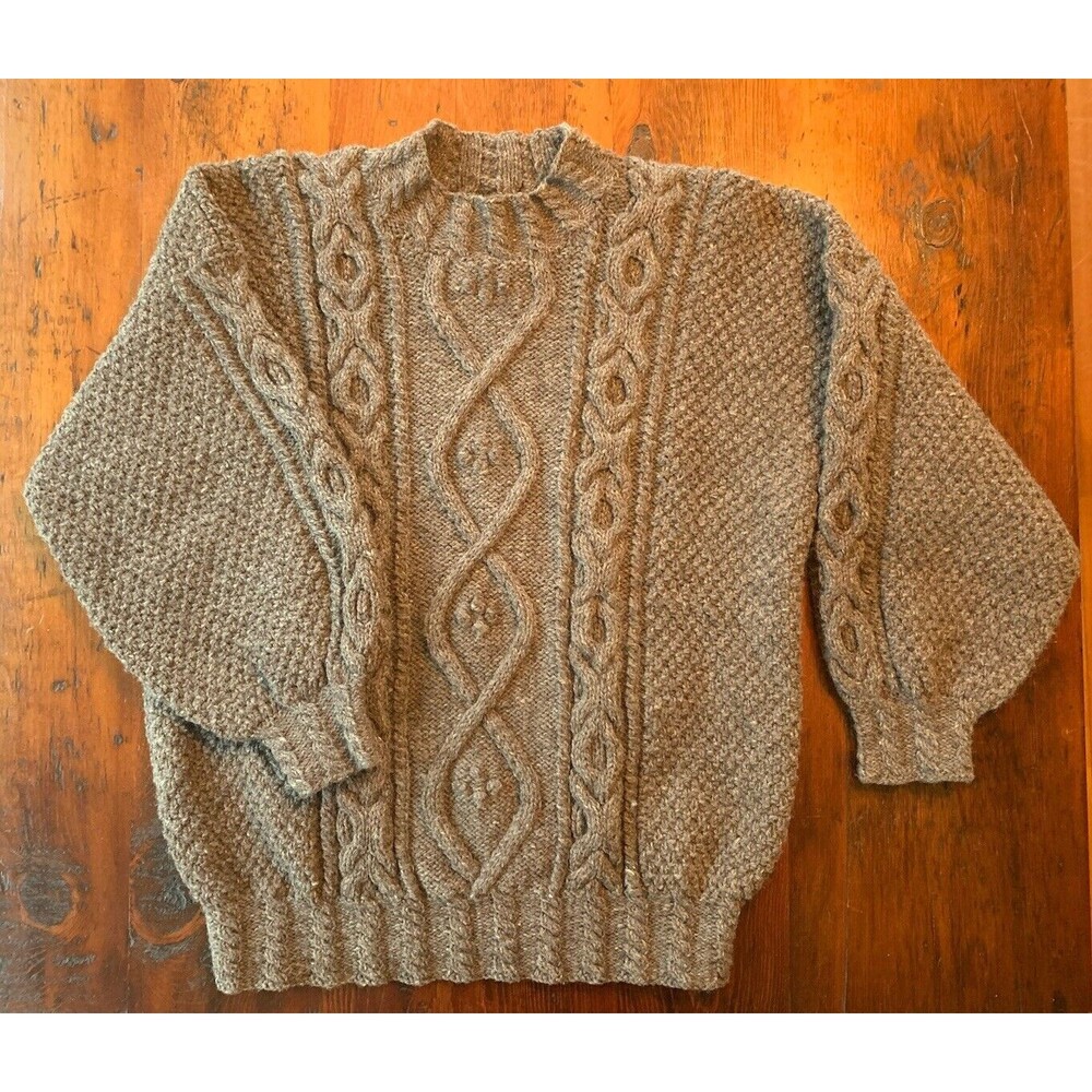 Vintage Hand knit Wool Sweater Cable Knit Fisherman Brown Large